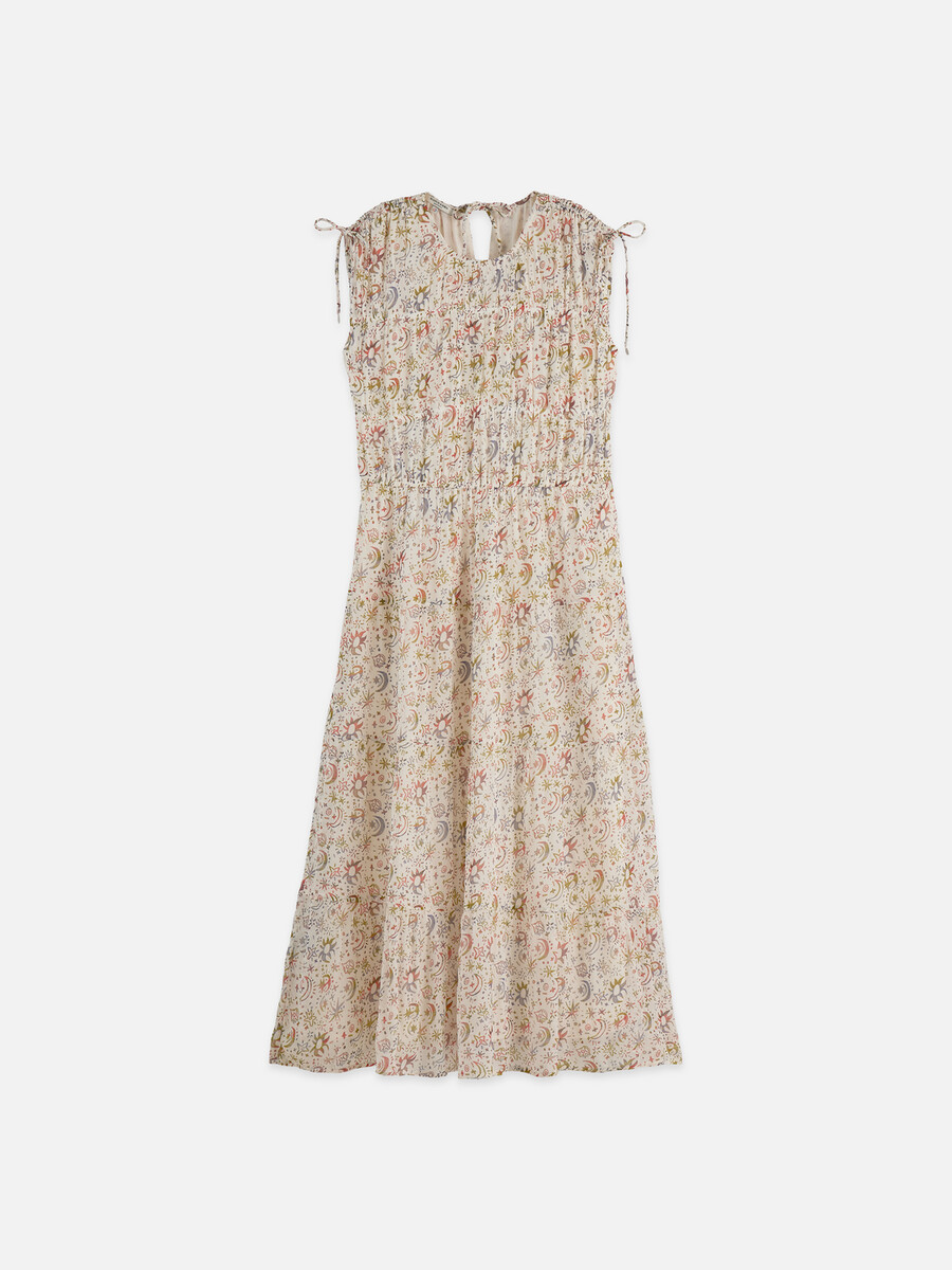 vestido midi fruncido con lazos