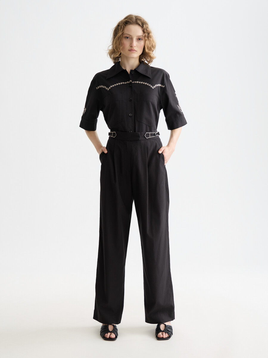 quinn - pantalones de tiro medio pierna ancha y costura cruzada
